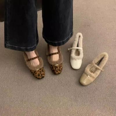 Mary Jane Shoes Leopard Print Heels Women's Round Toe Square Heel Velvet Matte Shoes Women Comfortable Loafers Leather