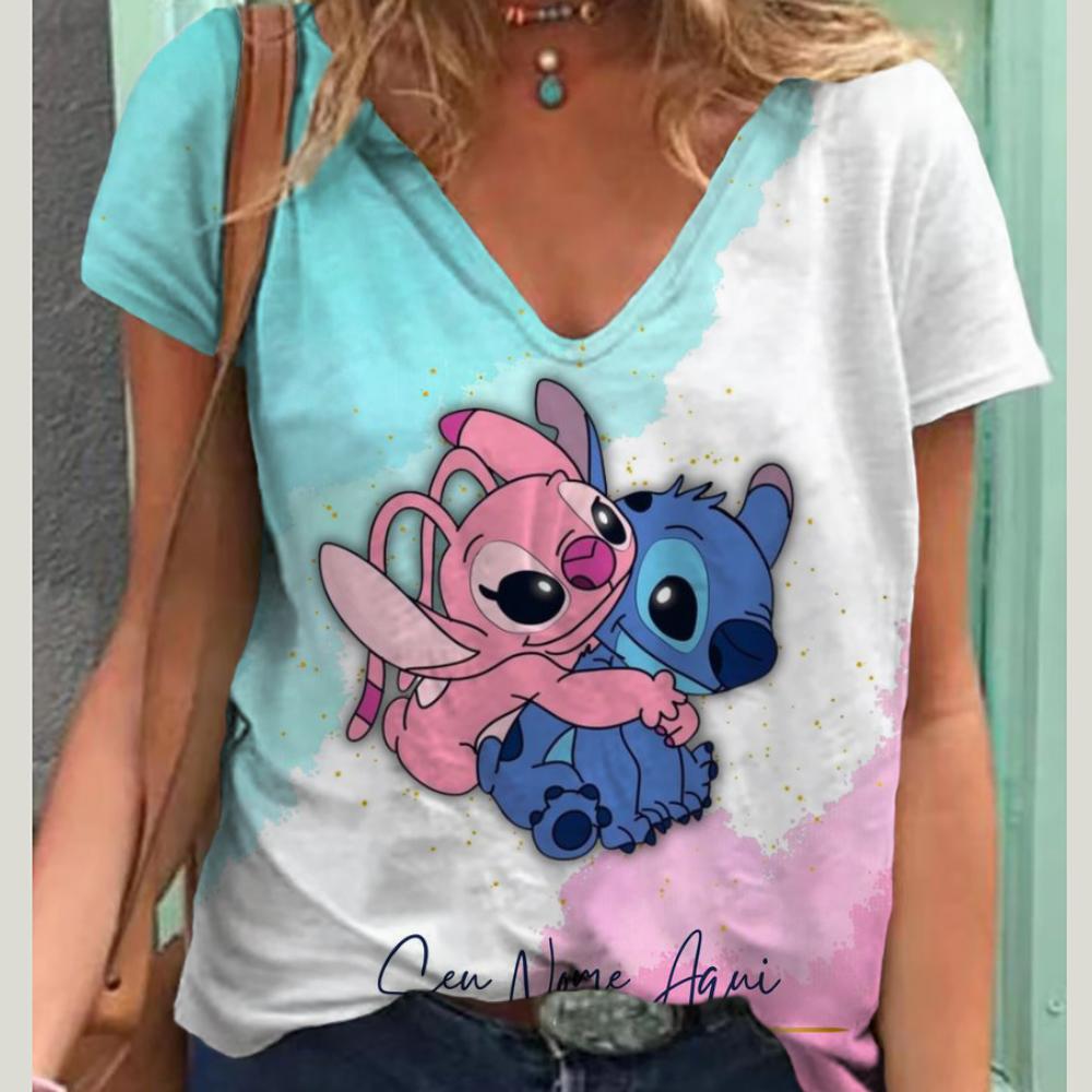 

Літня нова модна жіноча футболка Lilo&Stitch повсякденна коротка футболка Harajuku 3D друкована модна футболка V-подібним вирізом вулична вільна футболка великого розміру 2XL