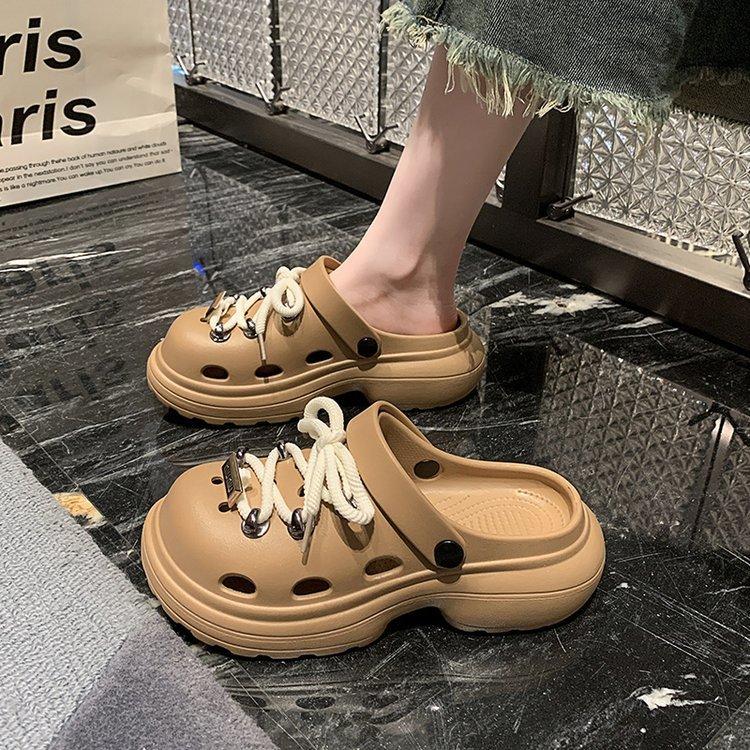 Platform women's shoes 2025 new beach sandals lace-up hole shoes Platform sole casual and comfortable versatile one-pedal sandals