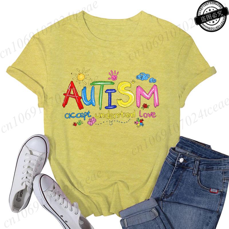Brushstroke Autism Print Women's Streetwear T-Shirts Female T Shirts Autism Awareness Fashion Graphic Tees Tops Women Clothing