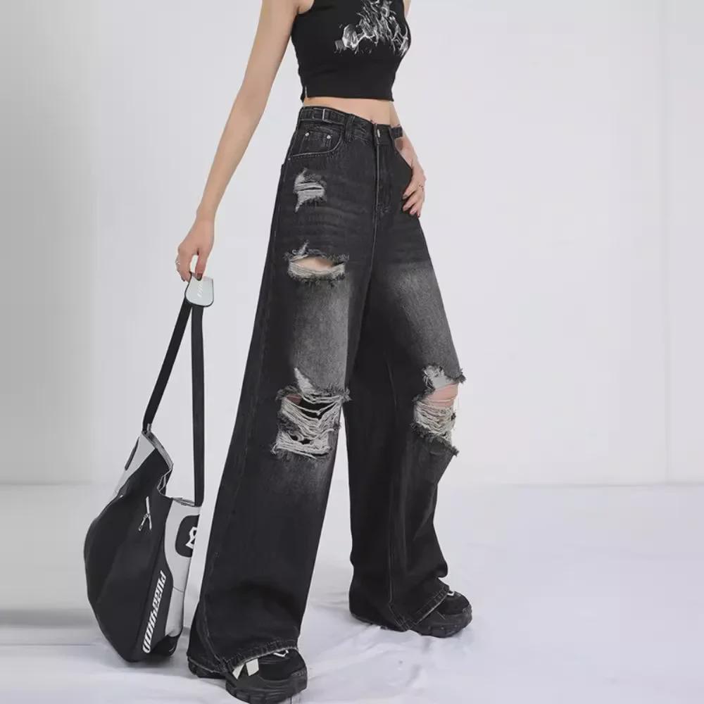 Women's Trendy Black Ripped Wide-Leg Jeans - Summer Style