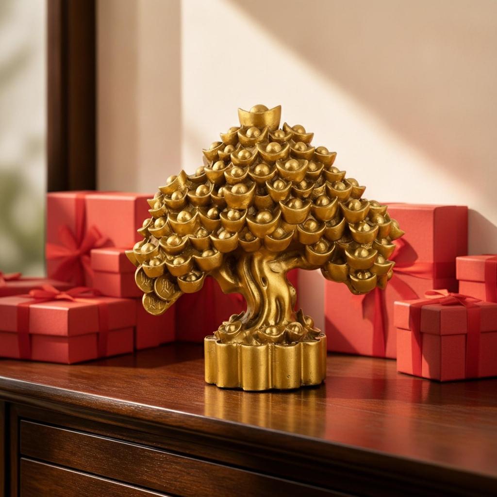 Golden Brass Tree Prosperity-Themed, Money Tree, Gold-Toned, Decor, for