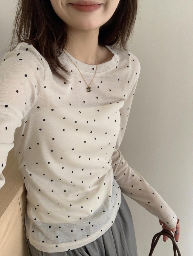 Women's Layered Polka Dot Long Sleeve T-shirt - Spring/Summer 2024 See-through Slimming Design