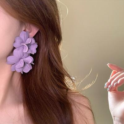 Silver Needle Fabric Flower Pendant Earrings, Holiday Style Fresh and Sweet Temperament Earrings, Niche High-end Earrings