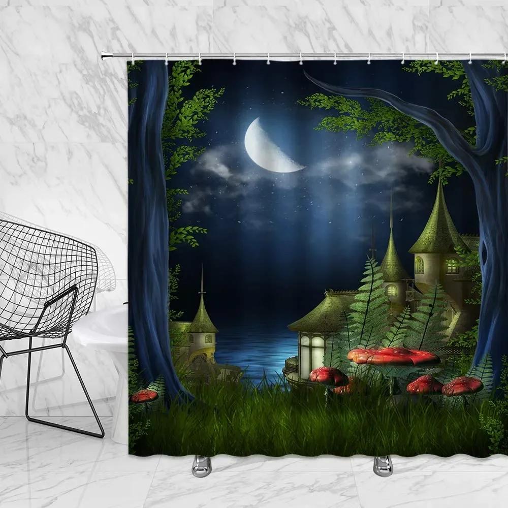 unframed Tropical Forest Shower Curtain, Nature Scenery Green Tundra Forest Waterfall River Animal Bridge, Bathroom Decorative