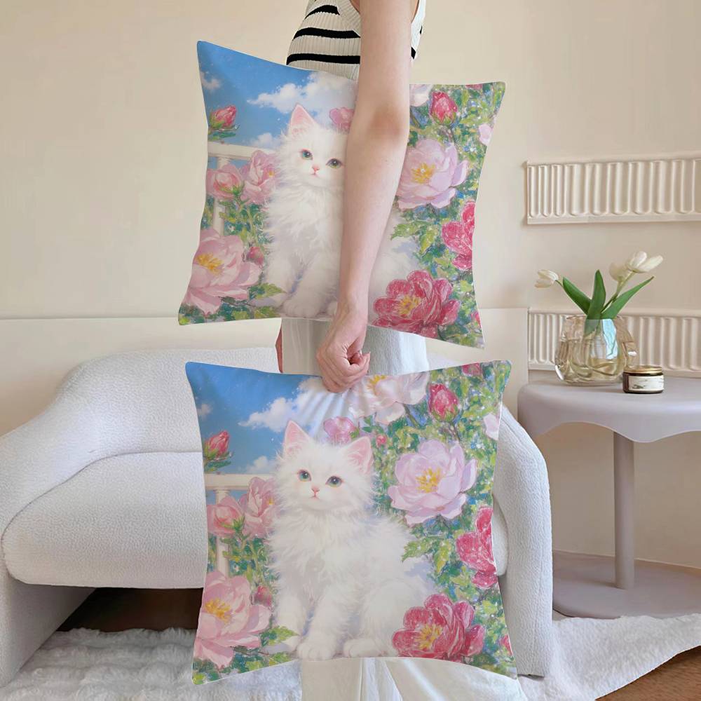 Painting Style KittenS Pillow Case Anti-dustmite Pillowcase Invisible Zipper Silky Sofa Cushion Cover