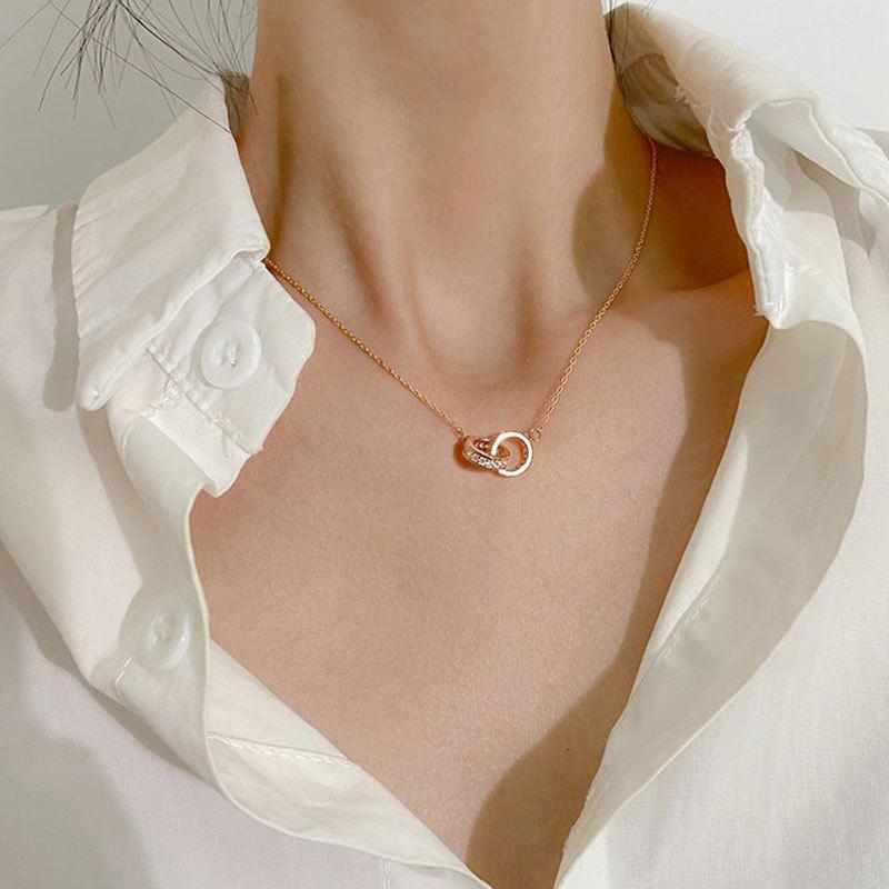 999 Sterling Silver Double Ring Interlocking Necklace - Cold Style Minimalist Double Circle Clavicle Chain for Women