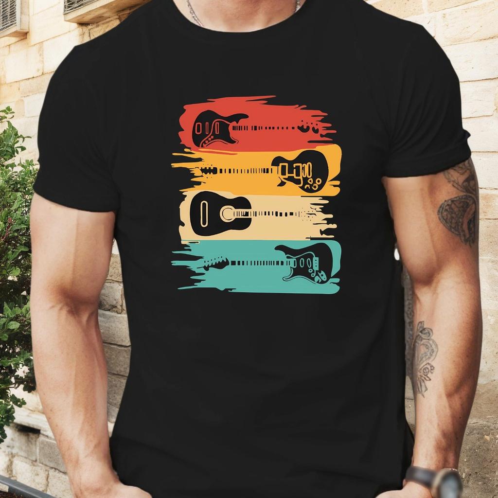 Men Summer Cotton T-Shirt with Colorful Guitar Silhouette Design Crew Neck Regular Fit Men Clothing Comfortable