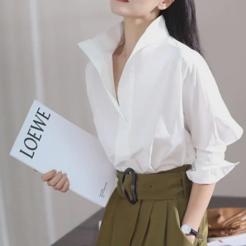 Women's Three-Quarter Sleeve Stand-Up Collar White Shirt - 2023 Early Autumn Loose Fit Top