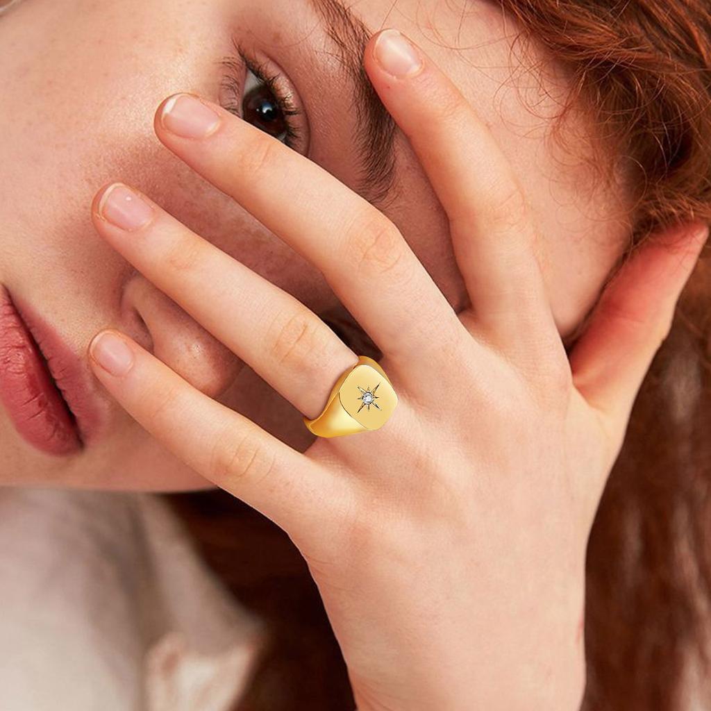 Women Fashion Star Signet Rings, Gold Color Solid Metal Square Round Top Stamp AAA CZ Stone Band, Chic Boho Cool Jewelry