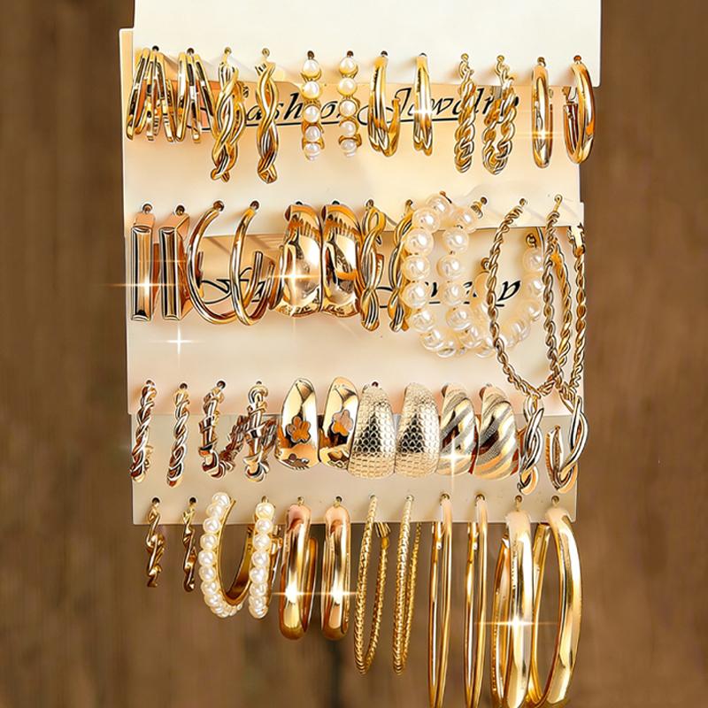 12/48pcs Bohemian Gold Color Metal Earrings Set For Women Fashion Pearl C-Shape Stud Earrings Daily Party Jewelry Festivals Gift