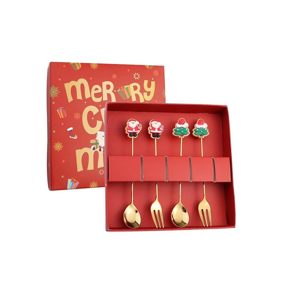 J Cross-border 430 Stainless Steel Christmas Dessert Spoon & Fork Set – Includes Ice Cream & Cake Utensils with Festive Elements
