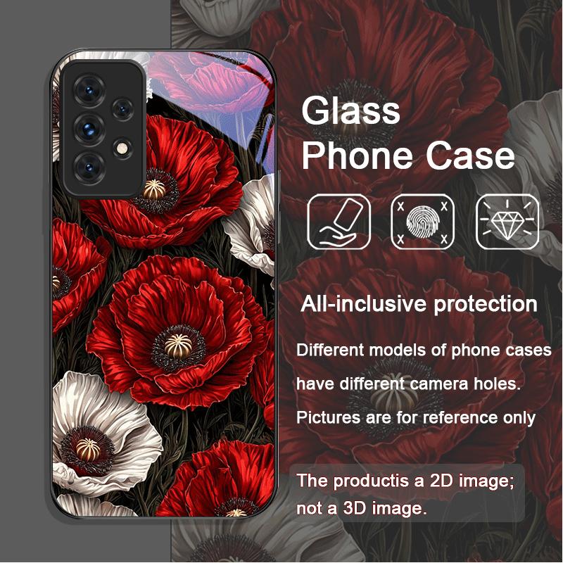 

Retro Poppy Flower Bloom Hot Red Printed Tempered Glass Phone Case for Samsung Galaxy A56 A55 A54 A53 A52 A36 A14 Floral Covers Galaxy A55 5G