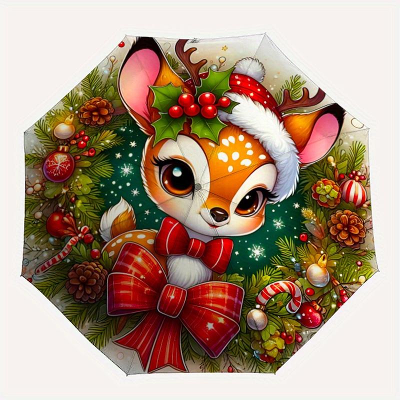 1pc Christmas Plum Deer Automatic Folding Umbrella - 3 Folding Design, Vivid Cartoon Pattern, Suitable for Outdoor Activities, A Gift for Fa