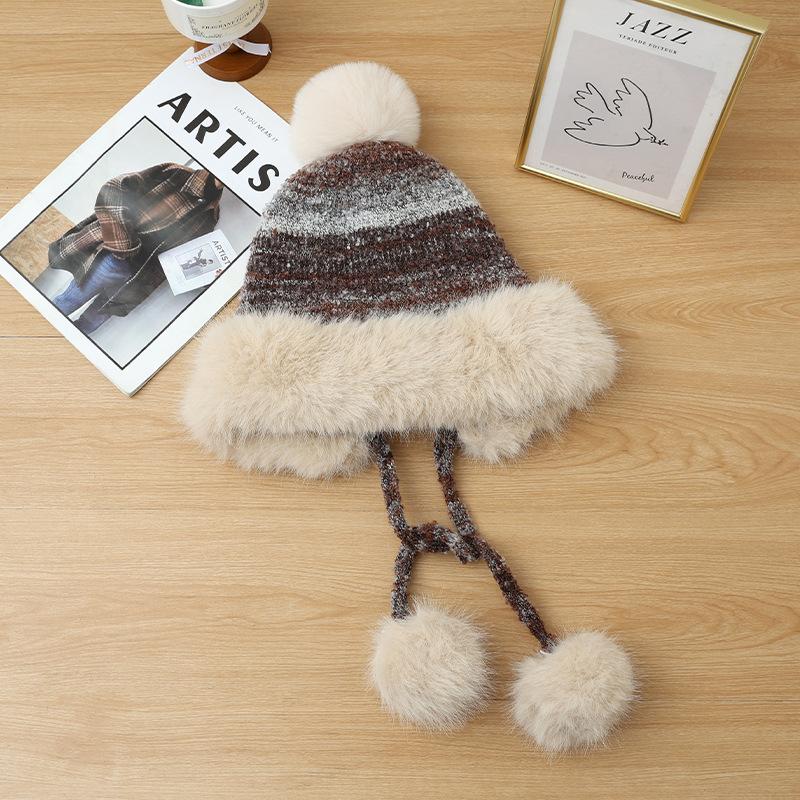 Winter hat women's retro knitted hat fleece thickened ear protection cold wool hat cute rabbit hairball thermal hat
