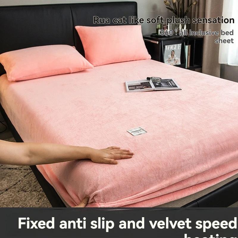 Yumuşak Sıcak Peluş Fitted Sheet Elastik Yatak Örtüsü Kabarık Mercan Polar Yatak Örtüsü Kış Çift Lüks Çift Kişilik Yatak Örtüsü