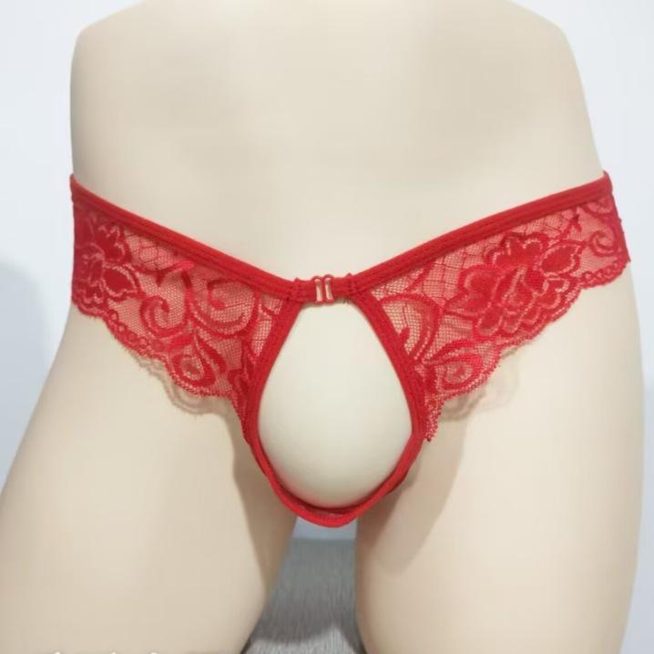 Men's Lace See-Through Thong with Open Crotch and Straight Insert for Temptation.