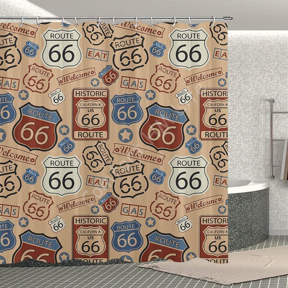 Polyester Fabric Waterproof Shower Curtain Set with 12 Plastic Hooks Home Decorative Bath Curtains US Route 66 Sign 72x78 Inches