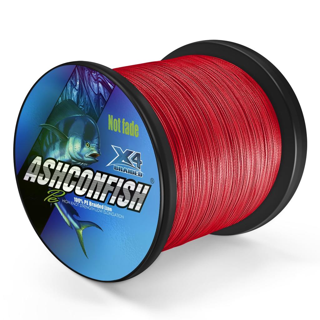 Ashconfish "Colorfast" PE 4-strand Fishing Line, 1000m, Ultra-Strong, High Sensitivity, Abrasion Resistant, Low Stretch, Red, Suitable for Boat Fishin