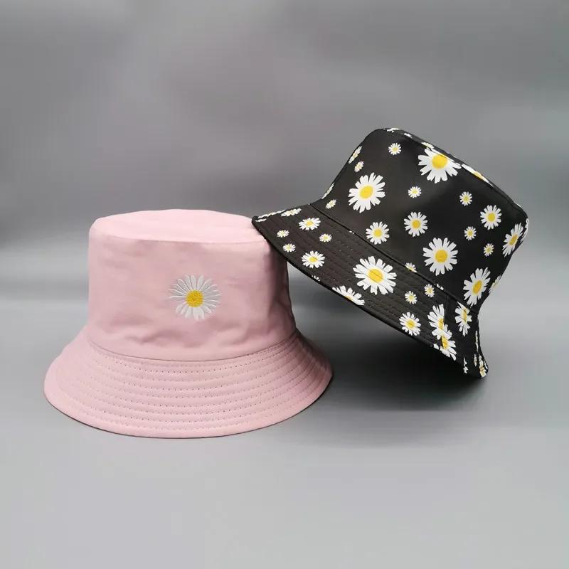 Fashion Fresh Double-sided Daisy Embroidery Summer Daisies Bucket Hat Unisex Fashion Cotton Beach Sun Floral Hat Fisherman Hat