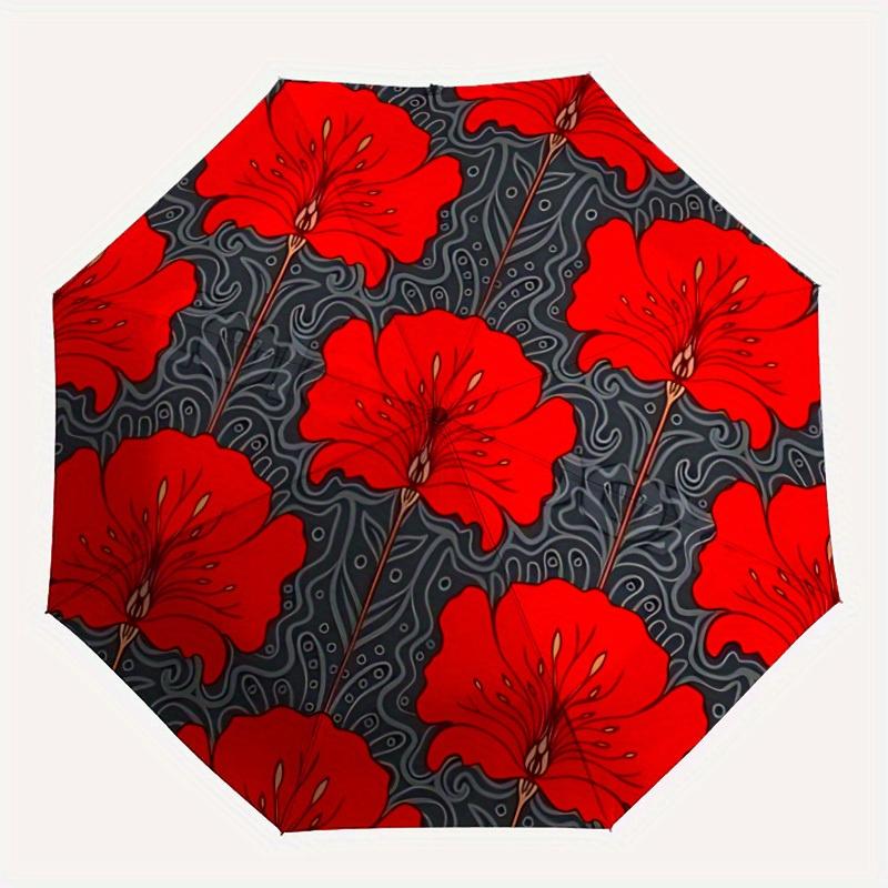 

1pc Red Floral Pattern Automatic Umbrella 8-Bone Design Compact Gear for Outdoor Travel, Perfect Holiday Gift y250827084