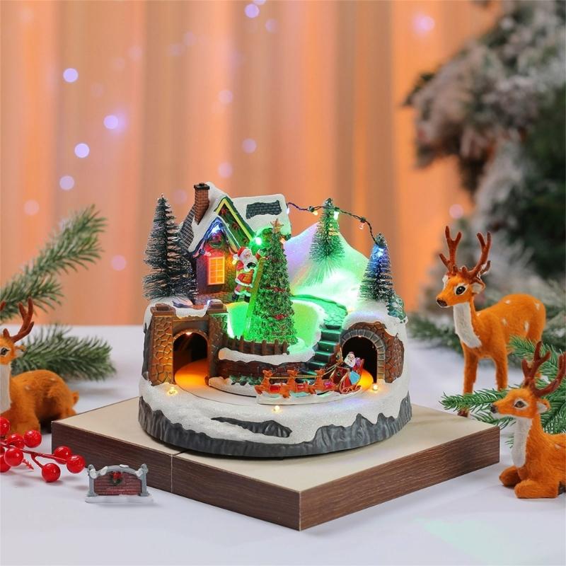 LED Light Christmas Village Scene with Santa/Tree Musical Lighted Christmas Collection Figurines for Home Decors