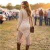 Women's Retro Western Hem Dress - V Neck Long Sleeve Slim Fit Color for Party
