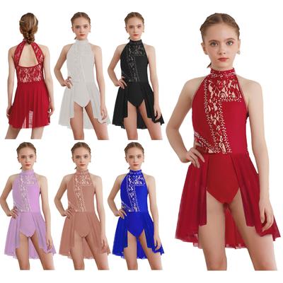 Girls Modern Lyrical Dance Dress Floral Lace Patchwork Cutout Back Rhinestones Leotard Stage Performance Dress