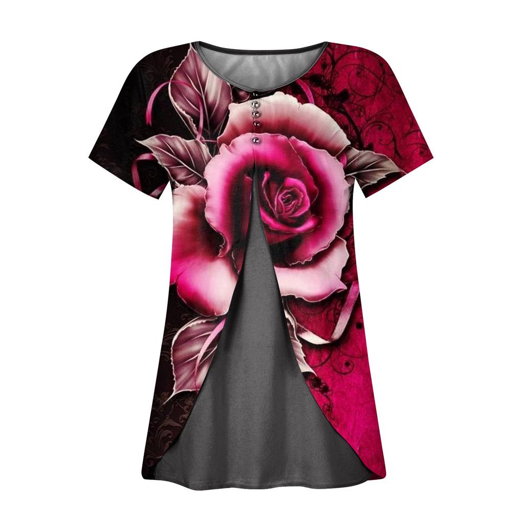 Shirts For Women Short Sleeve Tops Dressy Summer Casual Printed V-neck Irregular Hem Blouses Tees