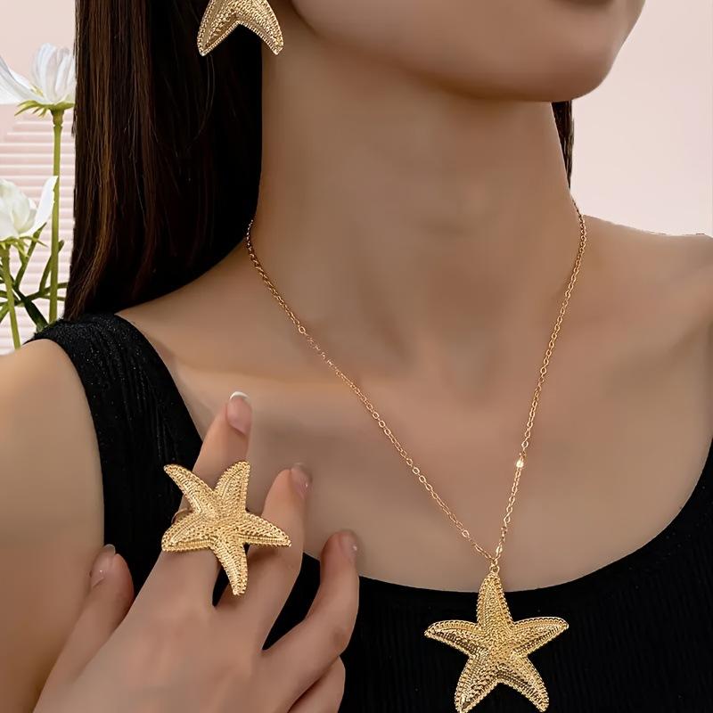 FineOne Set, übertrieben süßes Metall-Urlaubsstil-Seestern-Halskette, Ohrringe, Schmuckset für Damen.