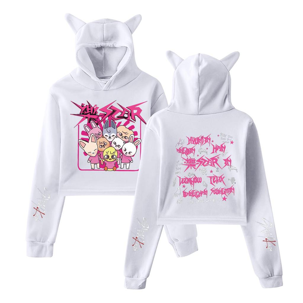 Stilvolles Damen-Kapuzenpullover-Sweatshirt mit Stray Kids-Aufdruck, trendiges langärmeliges Oberteil.