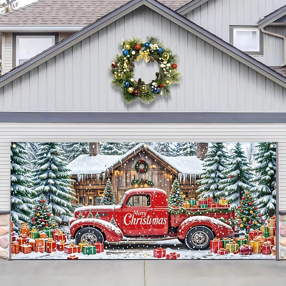 1pc Holiday Polyester Christmas Garage Door Cover Banner - Red Truck and Cabin Design  Multi-purpose Outdoor Flag