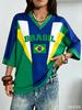 Nuova Maglietta da Donna Estiva Stampa Stile Vintage Brasiliano Scollo a V Patchwork Manica Corta Magliette Sportive Maglia da Calcio Y2K Top Larghi