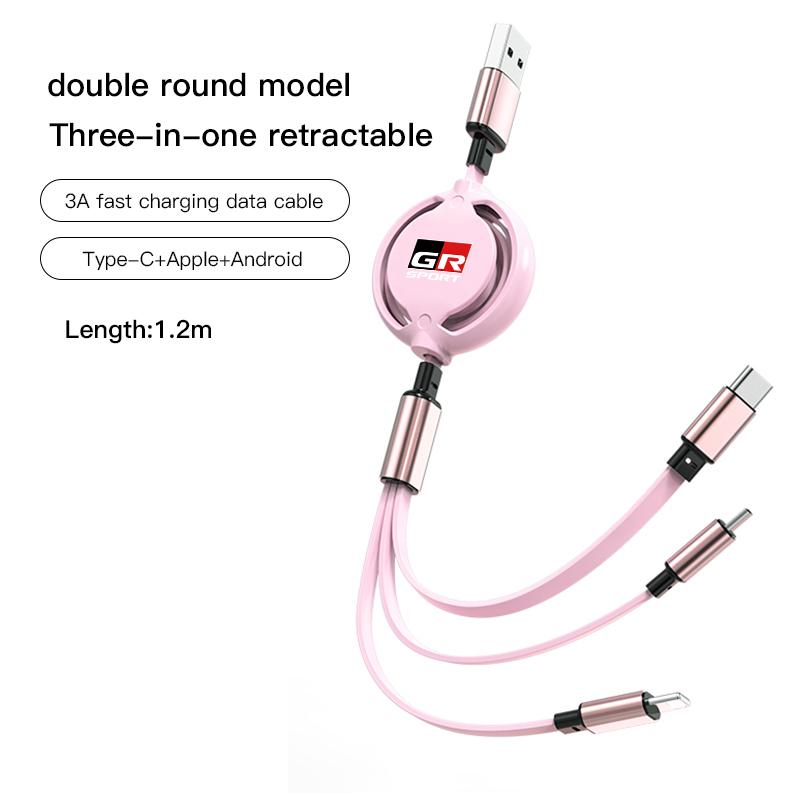 3 In 1 Retractable Mobile Phone Fast Charging Cable For Toyota Corolla Camry Asian Dragon Supra Hilux Land Cruiser GR SPORT TRD