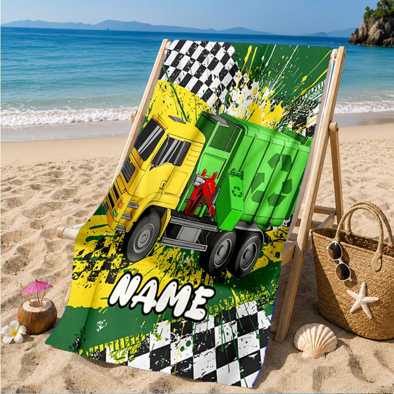 Personalisierbares Strandtuch mit Cartoon-Bagger, Mikrofaser-Strandtuch, Leicht und Schnelltrocknend, für Sommerreisen, Schwimmbad-Geschenk