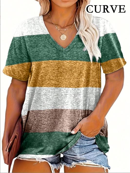 Plus Size 0XL-5XL Women's Fashion Striped Print V-Neck T-Shirt Casual Loose Short Sleeve Summer Tops