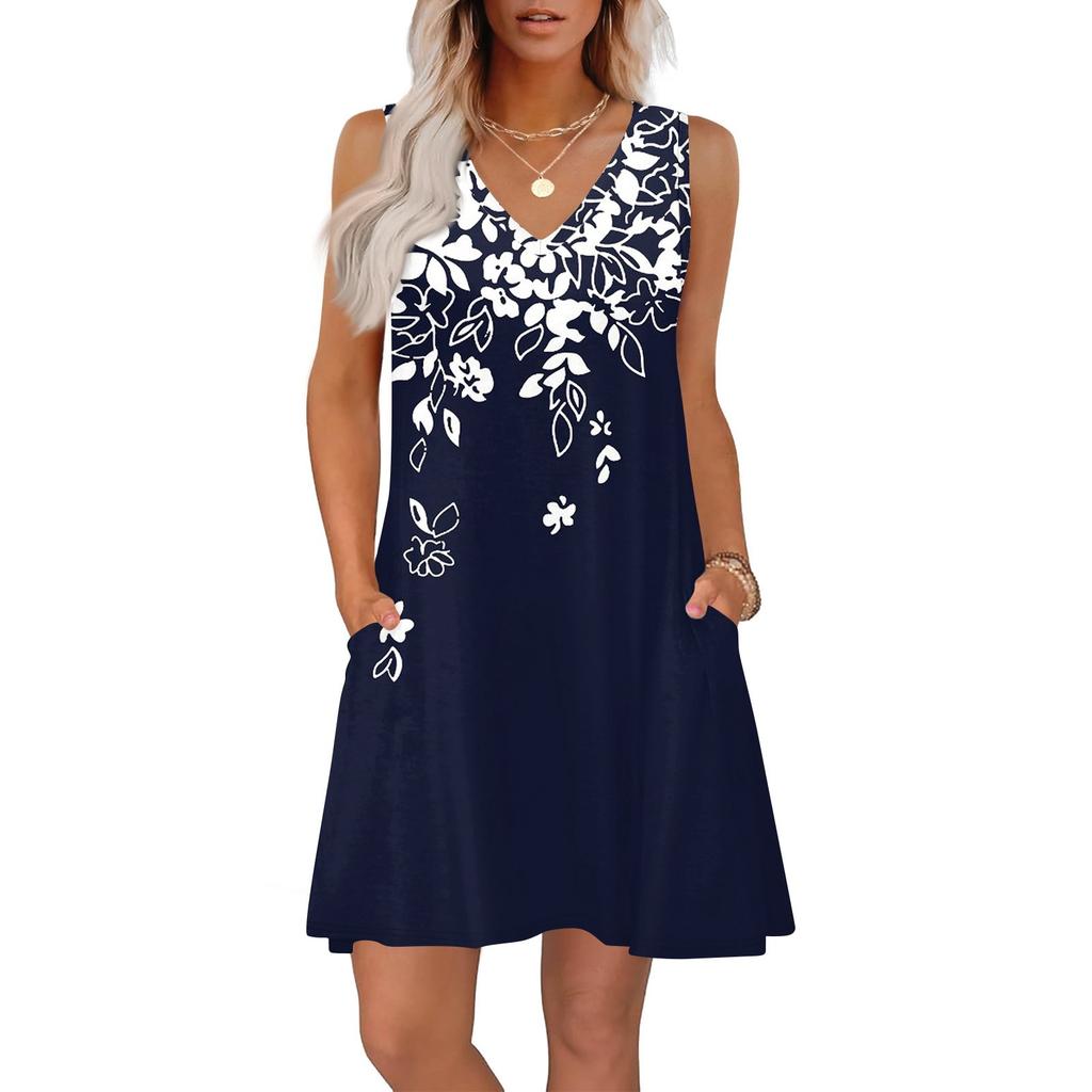 Women's Summer Dresses Loose Fit Printed V Neck Sleeveless Sundresses Beach Hawaiian Dress With Pockets