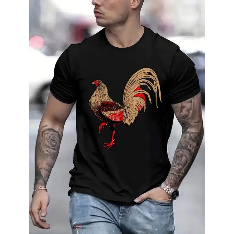 Men's patterned T-shirt with vibrant rooster print on short sleeves
