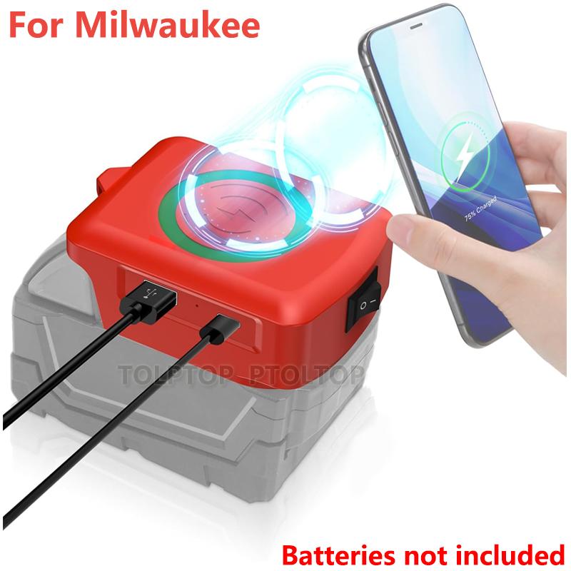 Magnetic wireless charger, for Makita/Dewalt/Milwaukee 18V Li-ion Battery, with USB/TYPE-C, Fast charging battery adapter