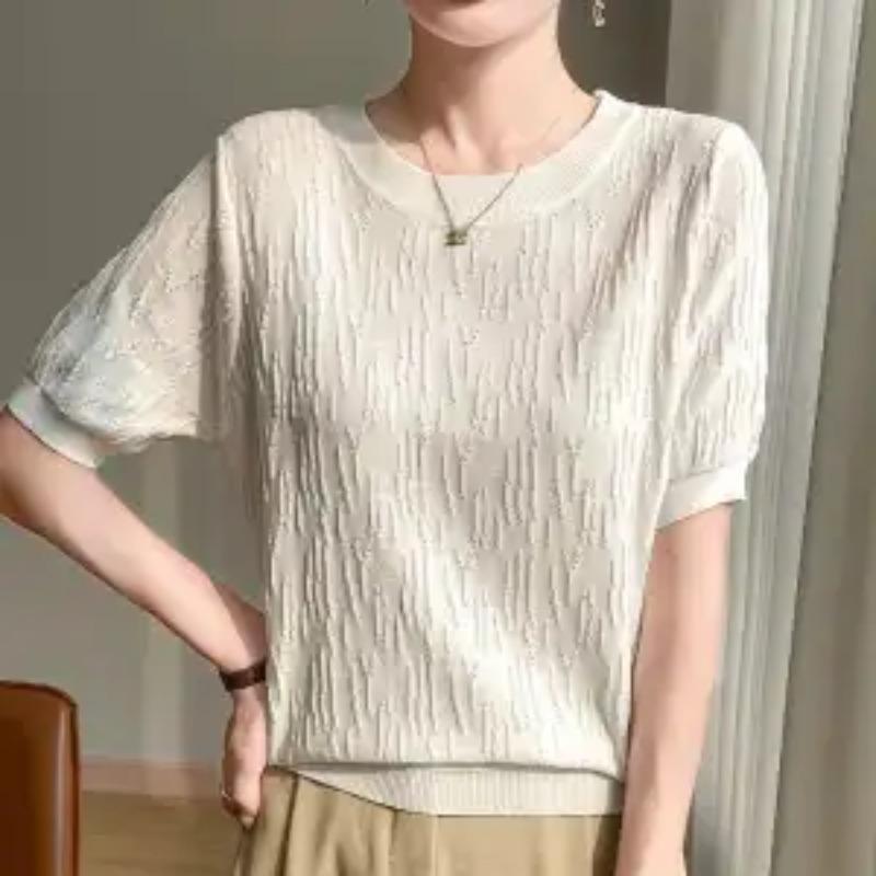 

Womens Solid Color Round Neck Textured Knit Puff Sleeve Top M бежевый