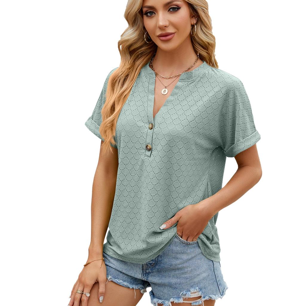 Spring and Summer Solid Color V-neck Button Loose Short-sleeved T-shirt Top Women's Clothing