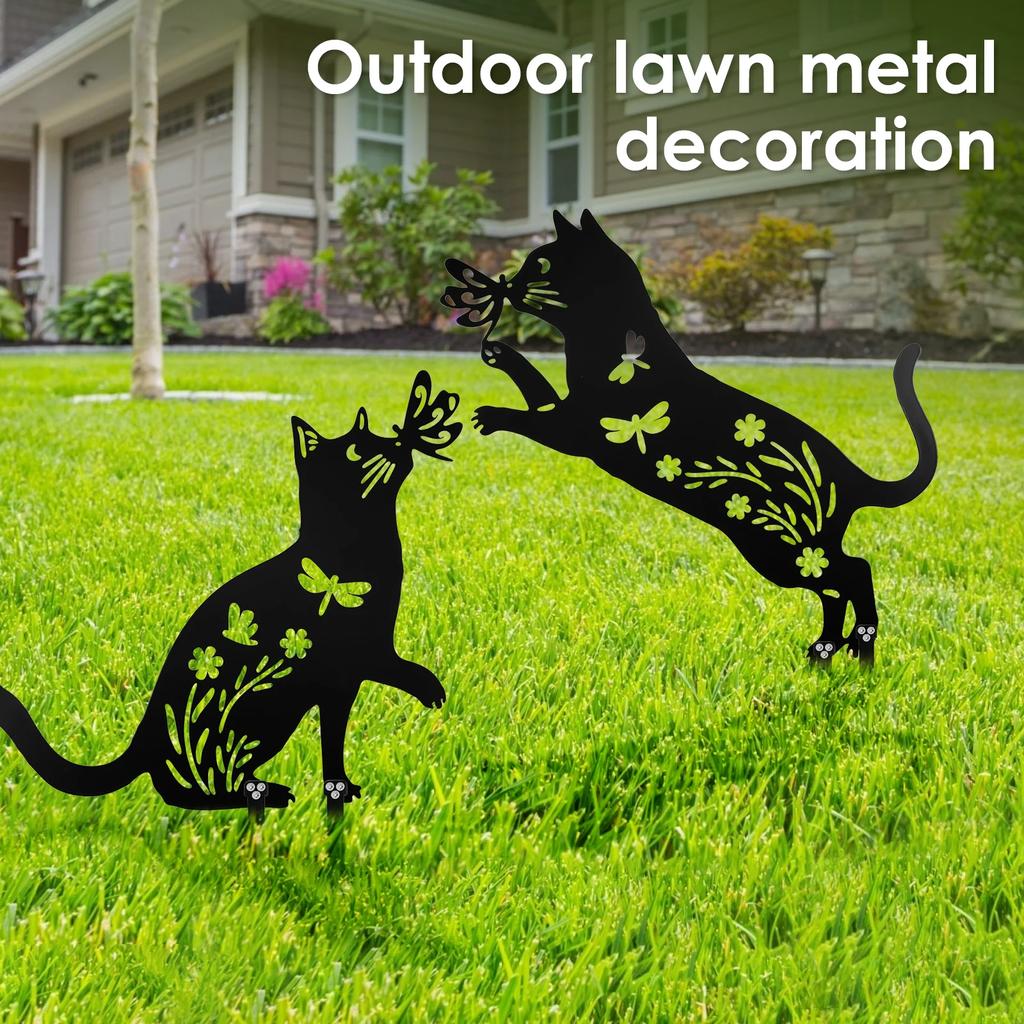 Metal Chicken or Cat Silhouette Garden Decor Iron Metal Statues Stakes Black Matte Finish Hollow out Lawn Silhouette for Outdoor