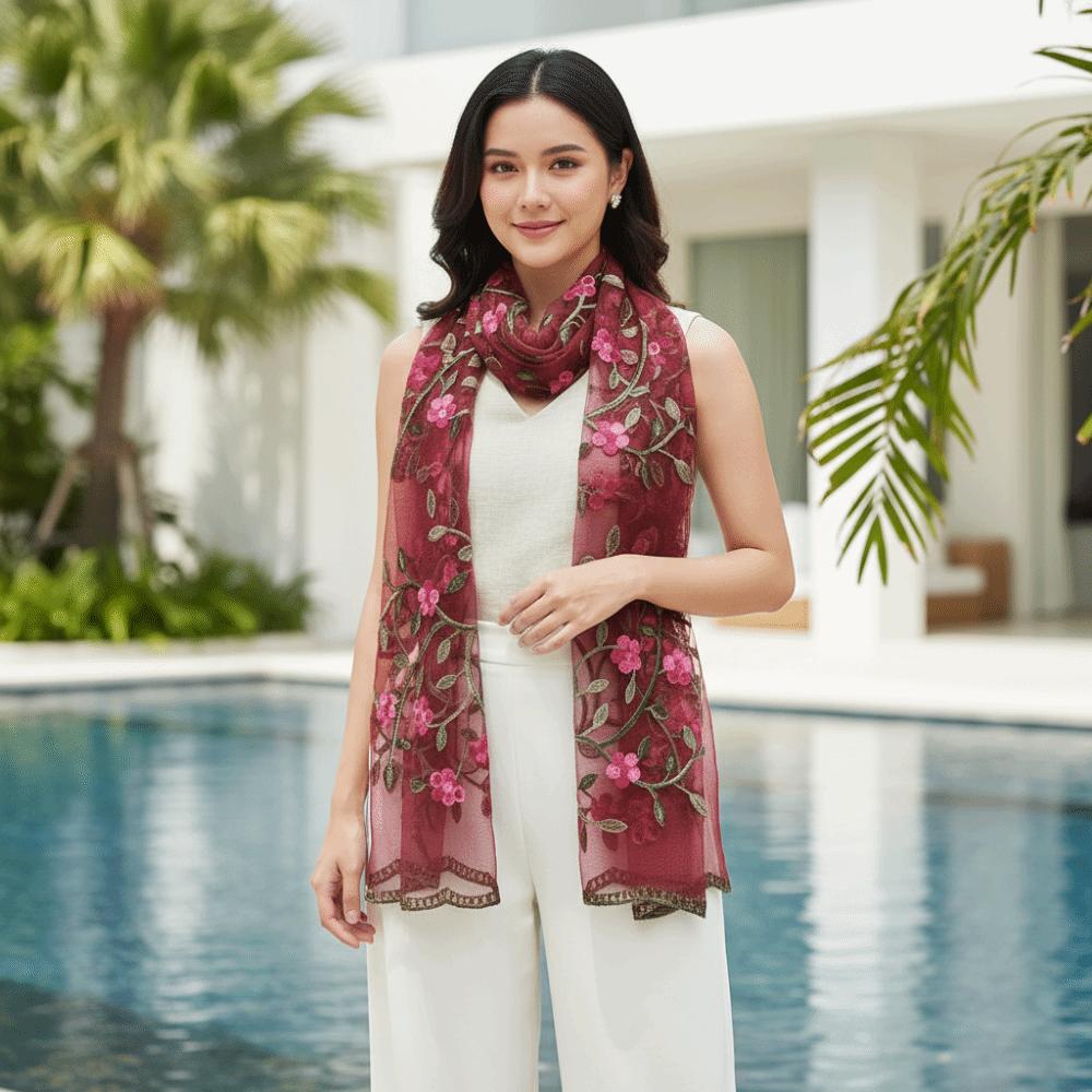 Lightweight Embroidered Floral Headwrap Breathable Long Lace Scarf Summer Hijab Travel Photoshoot