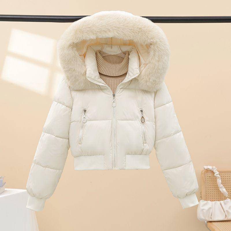 Giacca Invernale Corta, Spessa, Calda in Cotone da Donna con Cappuccio, Foderata in Pile, Monocolore, per Donne Petite