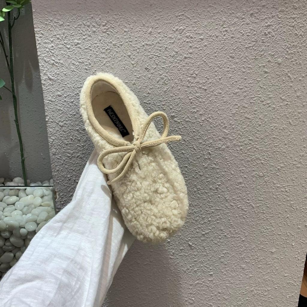 2025 Winter New Flat-bottomed Comfortable Lamb Wool Shoes Women Wear Beanie Shoes Bow Velvet Thermal Cotton Shoes