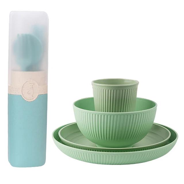 

Набор столовых приборов из пшеничной соломы Тарелки Миски Диск Чашка Кухонный набор посуды Небьющиеся Нож Вилка Ложка Палочки для еды Набор столовой посуды зелёный