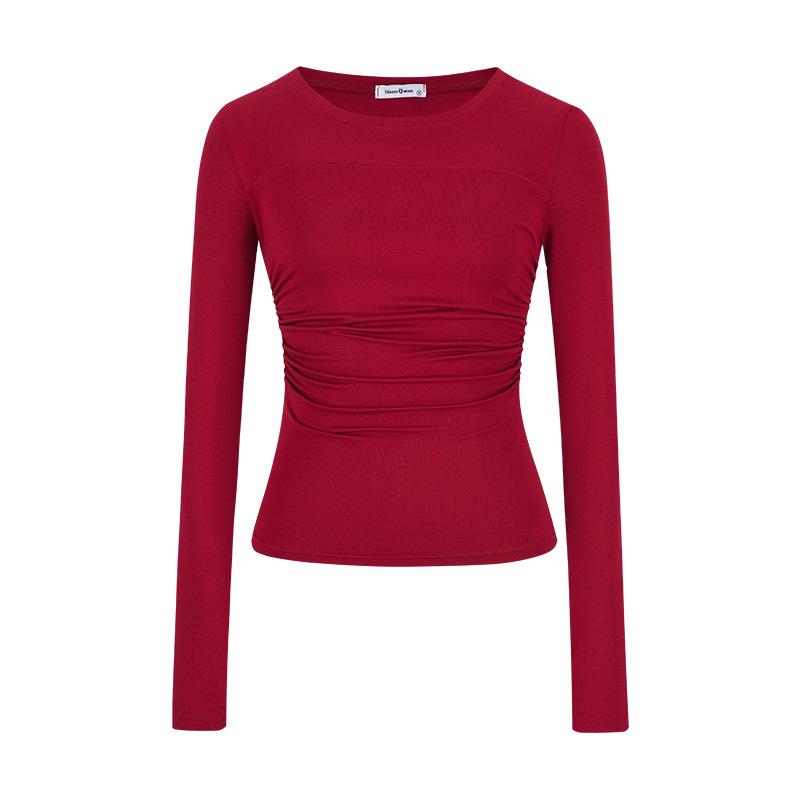 

Gray Autumn 2025 Slim-Fit Long Sleeve Women s T-Shirt with Waist-Cinching Design M красный