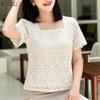 Blusa Feminina Casual Gola Redonda Manga Meia Manga Solta Renda Crochê Patchwork