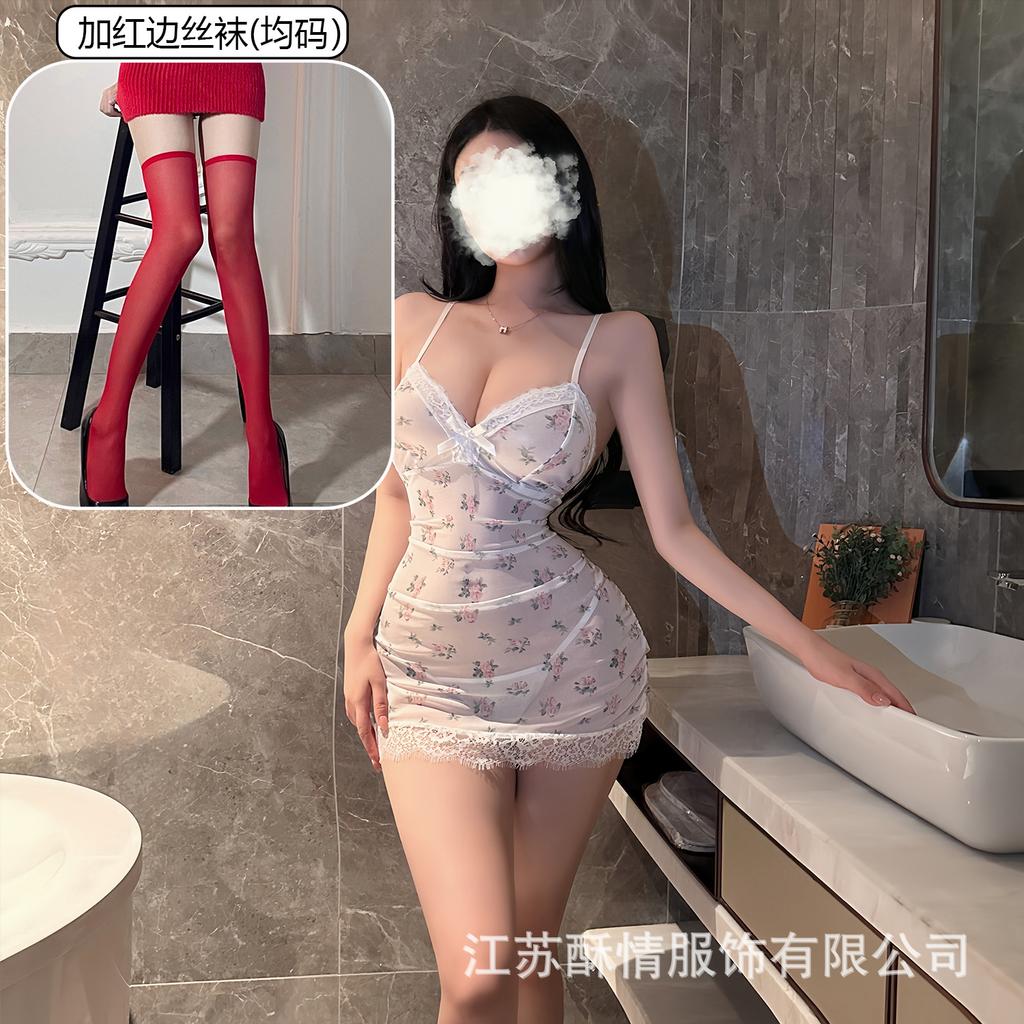 Underwear lace hollow deep V hip skirt sexy perspective mesh floral suspender nightdress