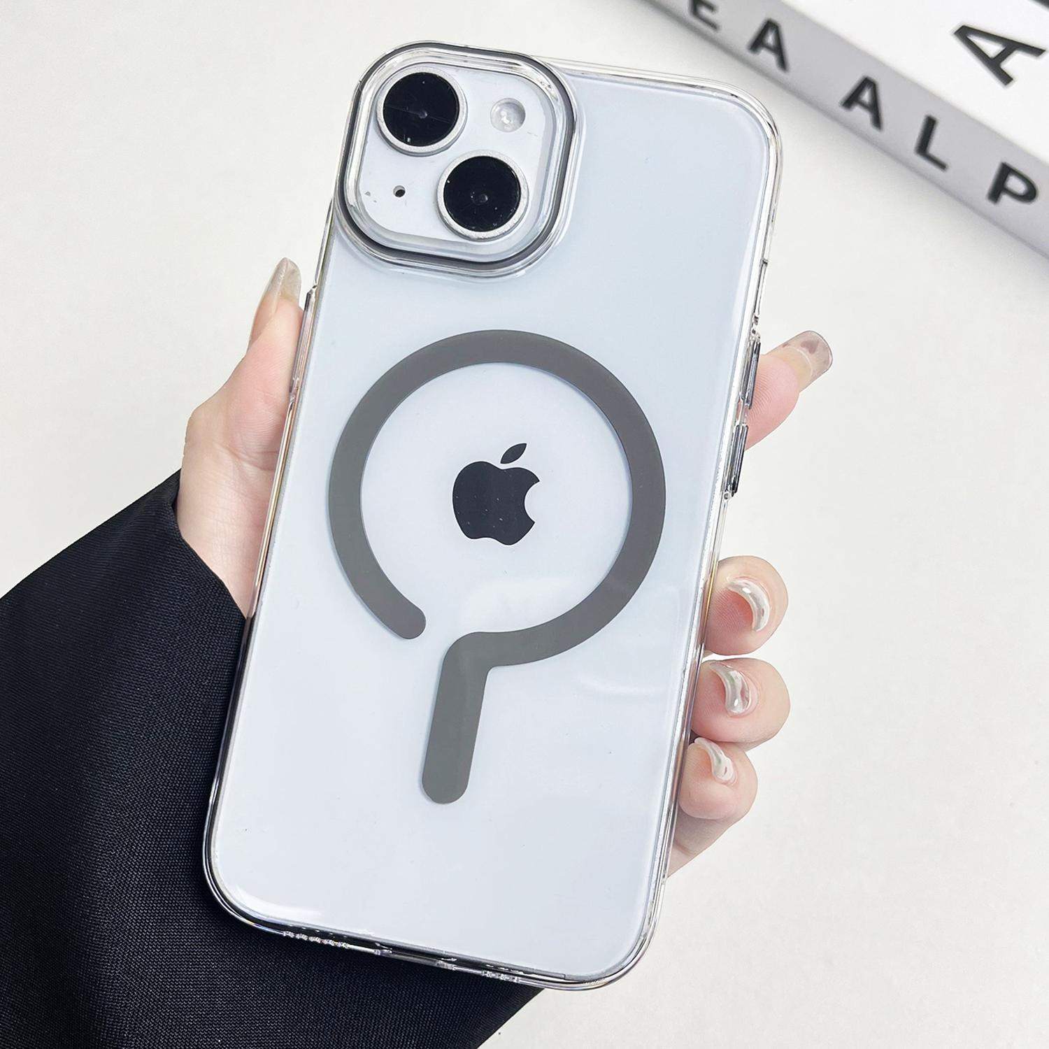 

For iPhone 14 Clear Magnetic Case Hard PC+Soft TPU Protective Phone Cover Titanium Grey